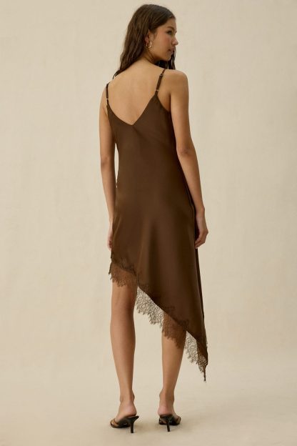 Kiss The Sky Jazmin Asymmetric Lace Trim Slip Midi Dress - Chocolate