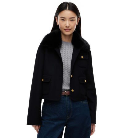Tommy Hilfiger Women's Wool-Blend Cropped Jacket with Faux Fur - Black