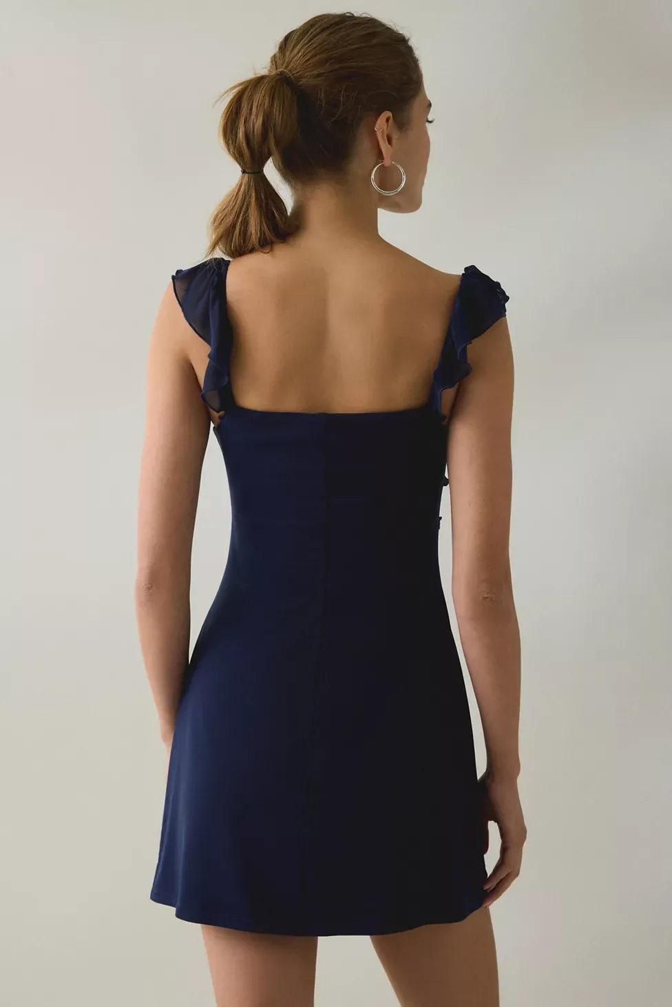 UO Nina Ruffle Trim Mesh Mini Dress - Navy
