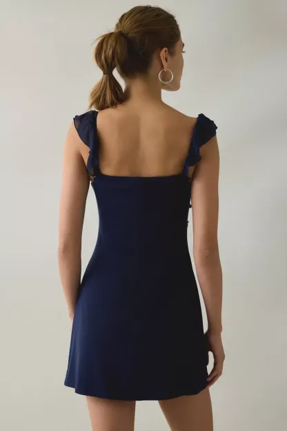 UO Nina Ruffle Trim Mesh Mini Dress - Navy