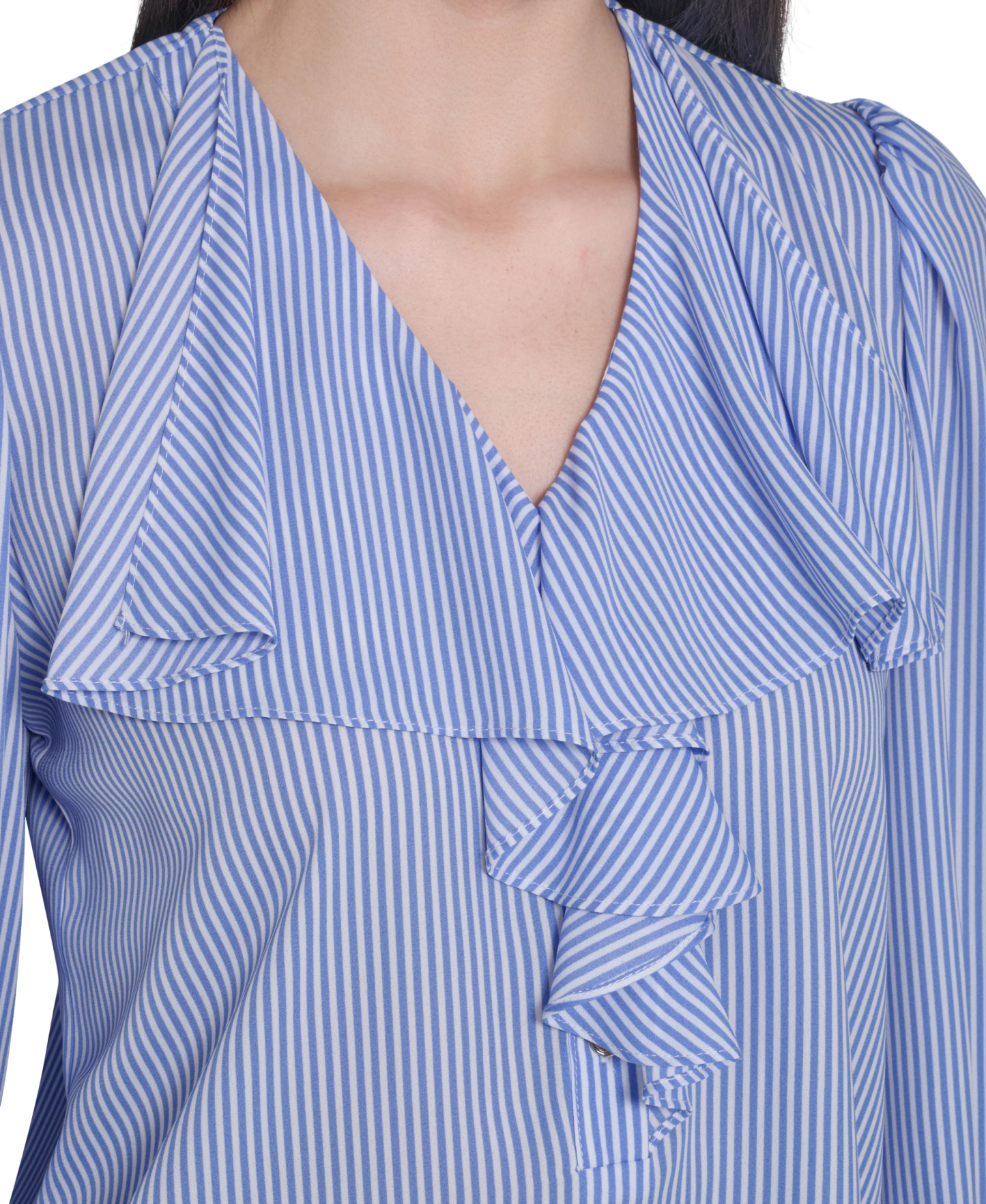 Tommy Hilfiger Women's V-Neck Striped Ruffle Blouse - French Blue/Ivory