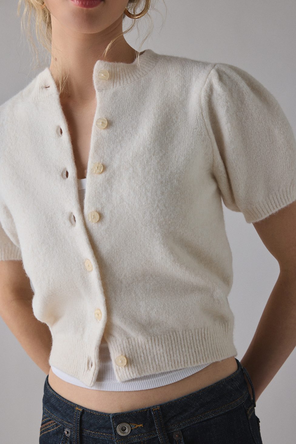 Kimchi Blue Kate Puff Short Sleeve Cardigan - White
