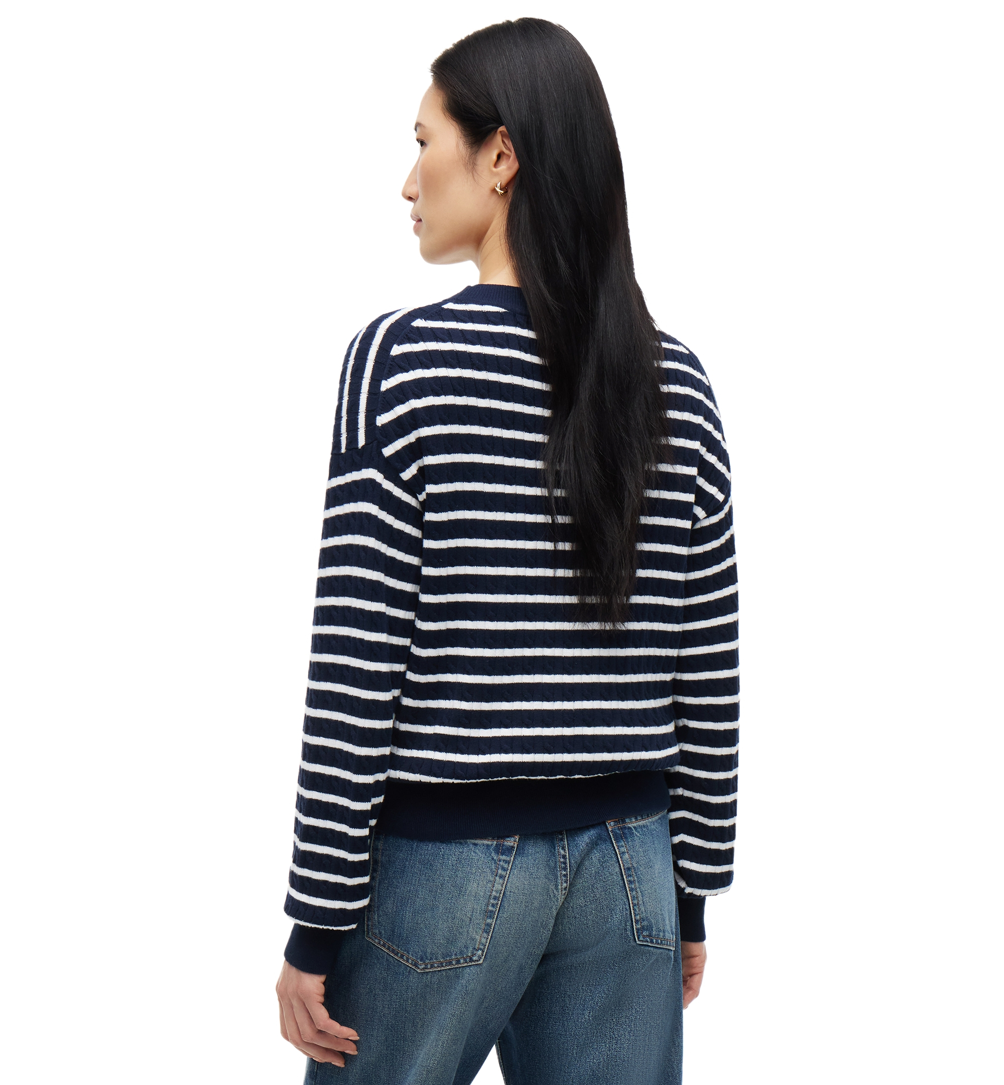 Tommy Hilfiger Women's Fine Gauge Cable-Knit Crewneck Sweater - Breton Stp Dark Blue Ecru
