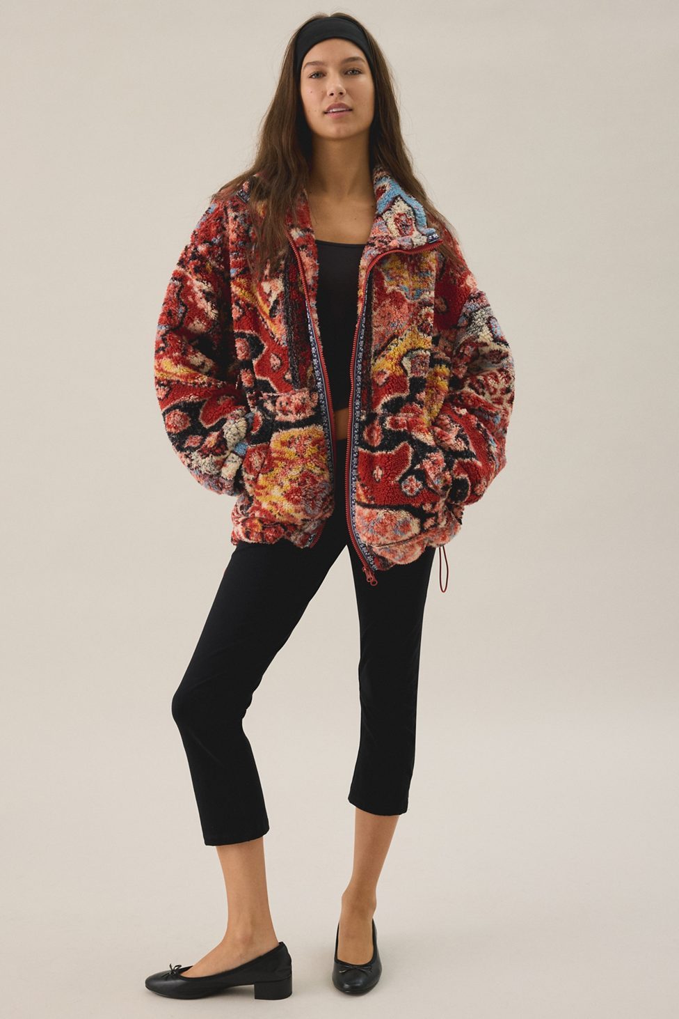 BDG Mae Printed Piled Fleece Zip-Up Jacket - Red Multi