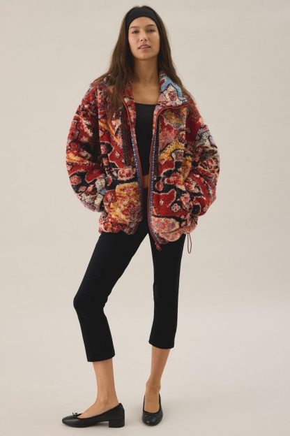 BDG Mae Printed Piled Fleece Zip-Up Jacket - Red Multi