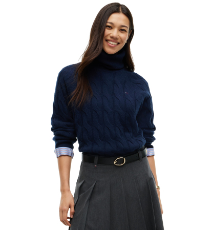 Tommy Hilfiger Women's Cable-Knit Turtleneck Wool Sweater - Dark Blue