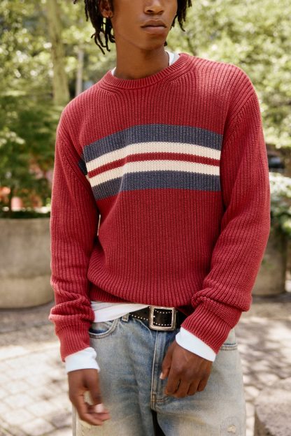 UO Striped Acid Wash Crew Neck Sweater - Red