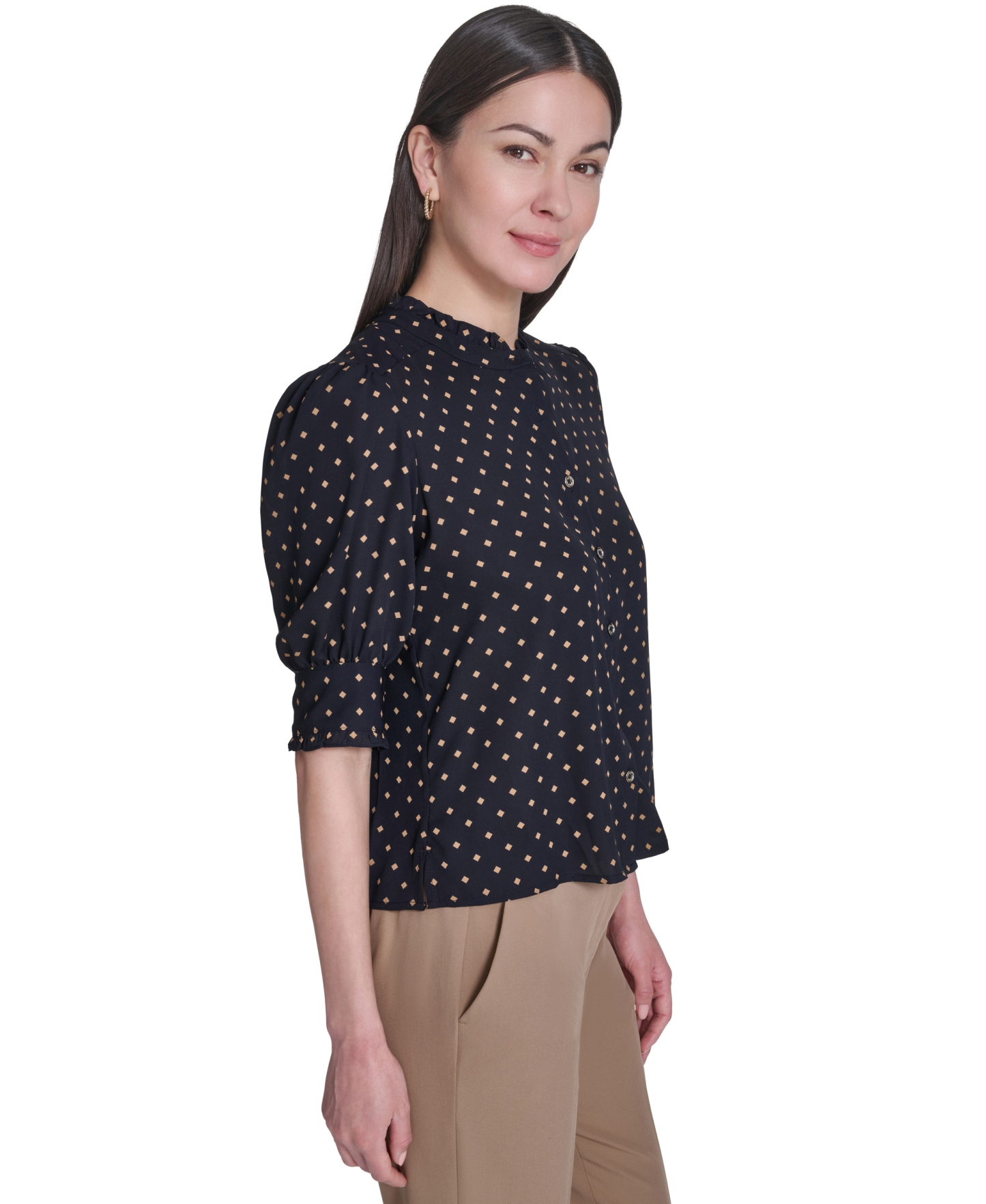 Tommy Hilfiger Women's Collared Ruffle Neck Blouse - Midnight/Tobacco Brown