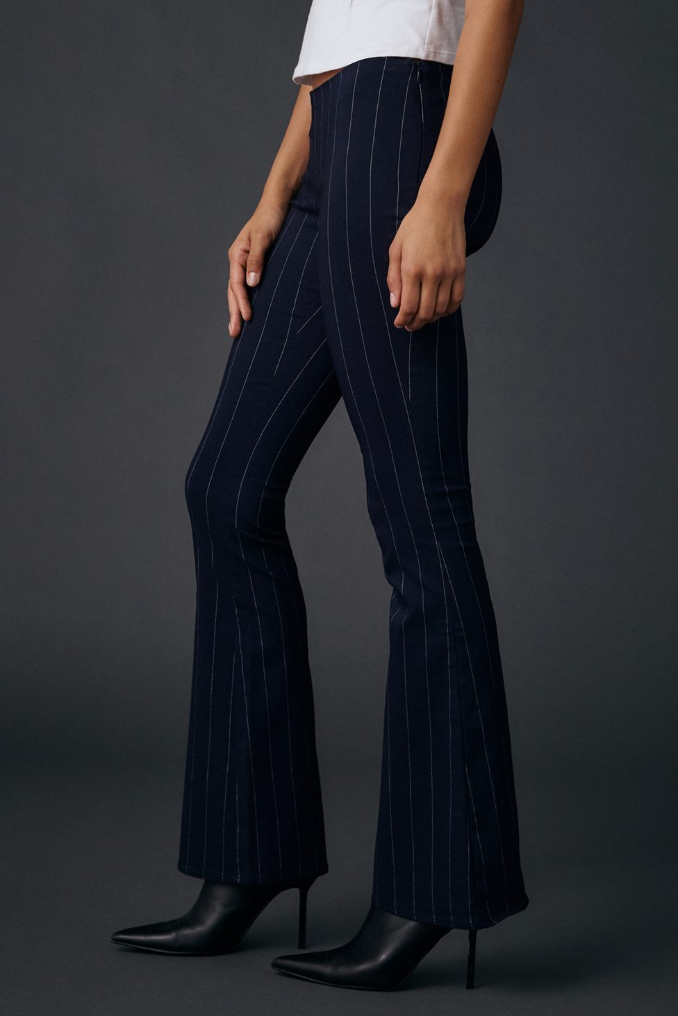 UO Hailey Pinstripe Stretch Pull-On Low-Rise Flare Pants - Navy