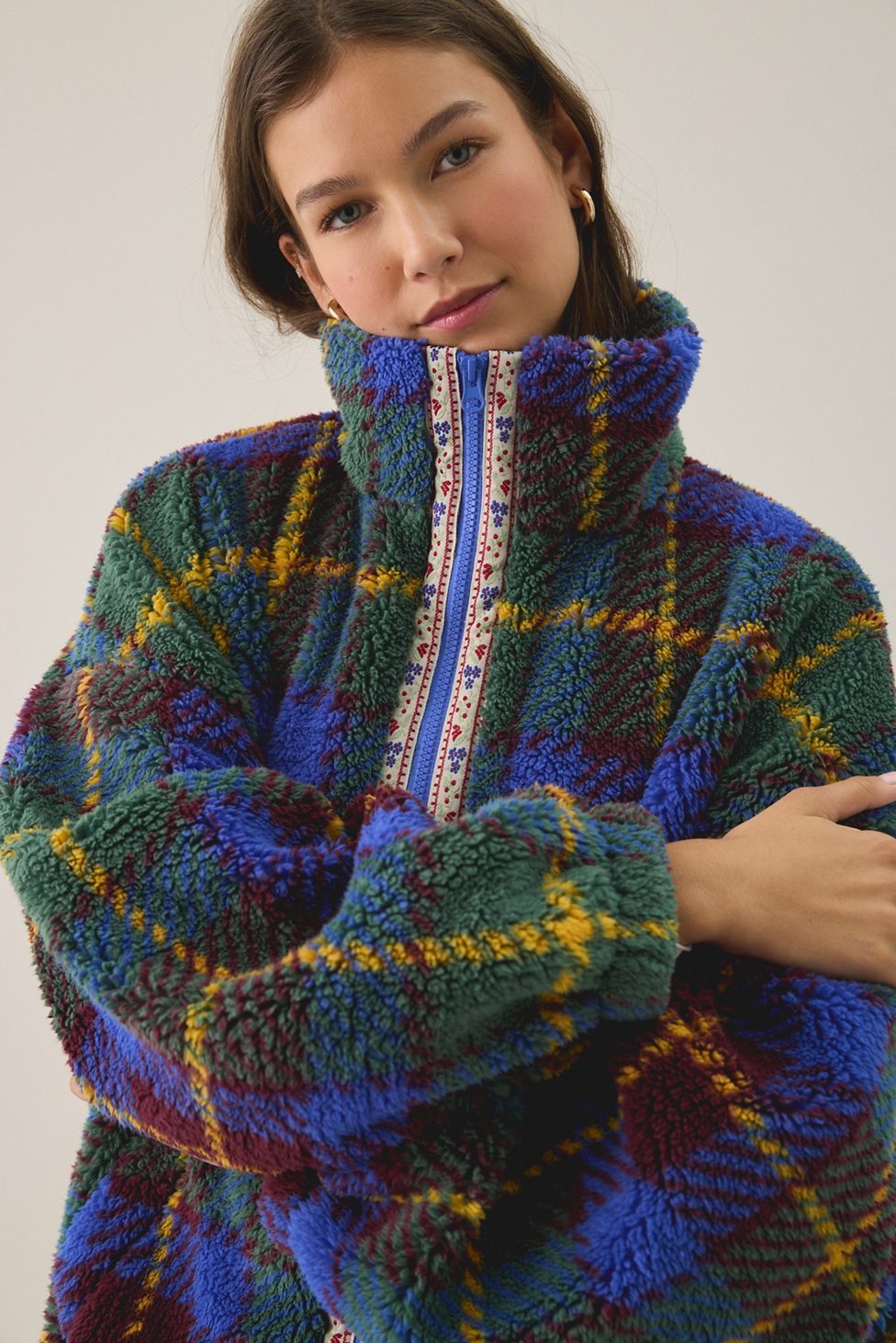 BDG Mae Printed Piled Fleece Zip-Up Jacket - Green Multi