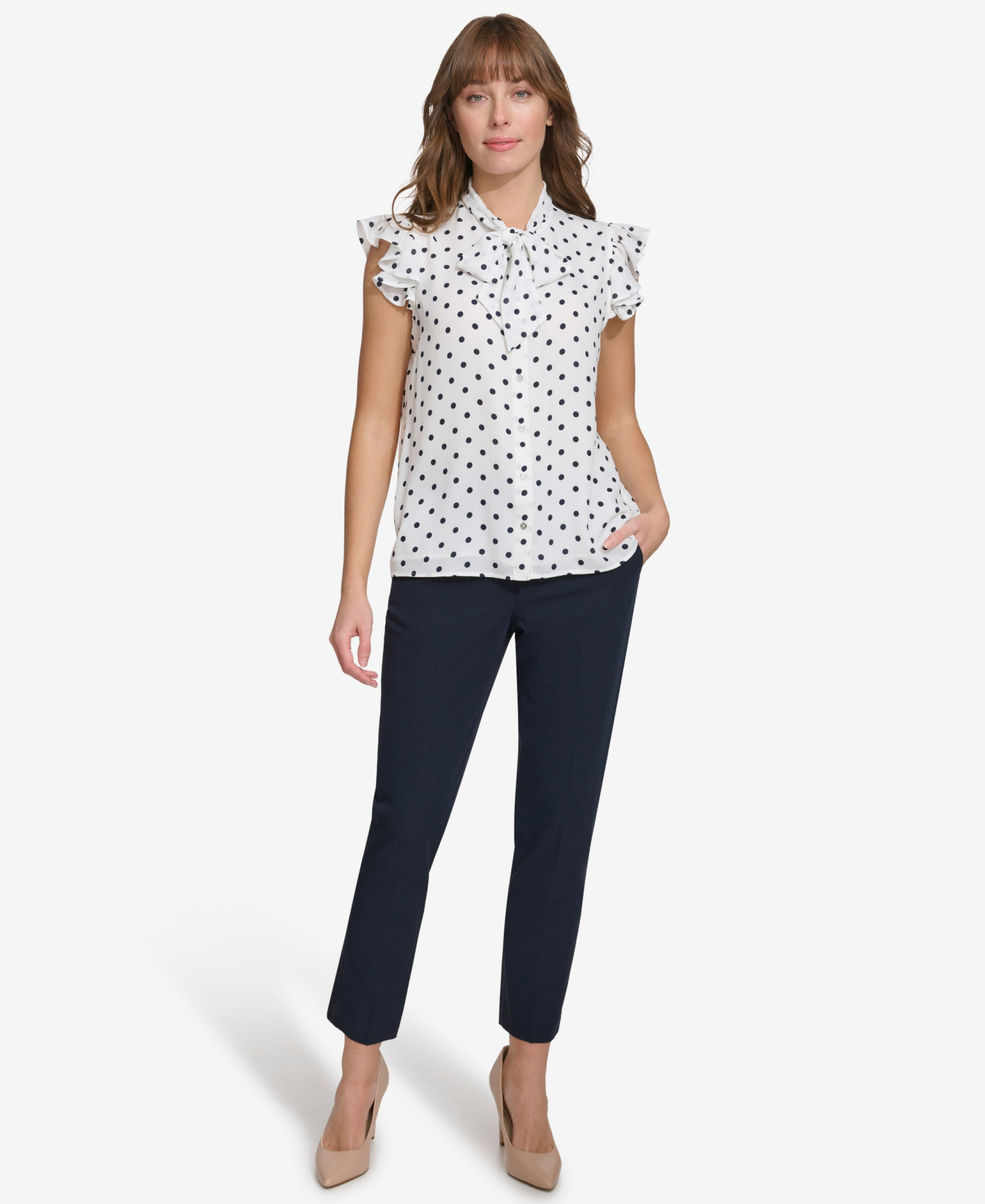 Tommy Hilfiger Women's Ruffle-Sleeve Bow Blouse - Ivory/Midnight
