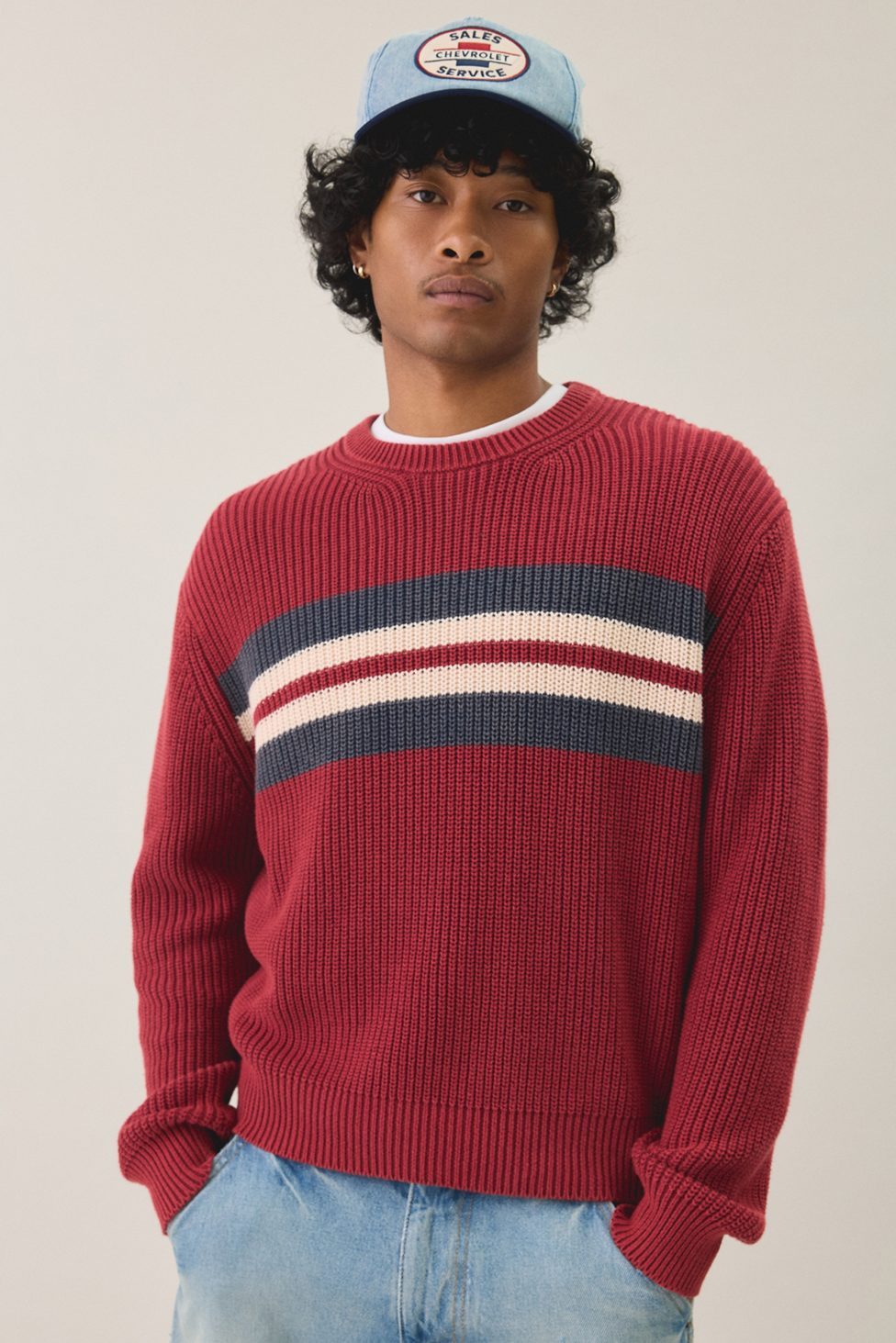 UO Striped Acid Wash Crew Neck Sweater - Red