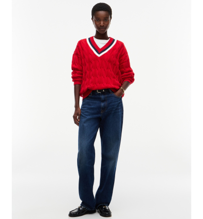 Tommy Hilfiger Women's Cricket Cable-Knit V-Neck Oversized Sweater - Red