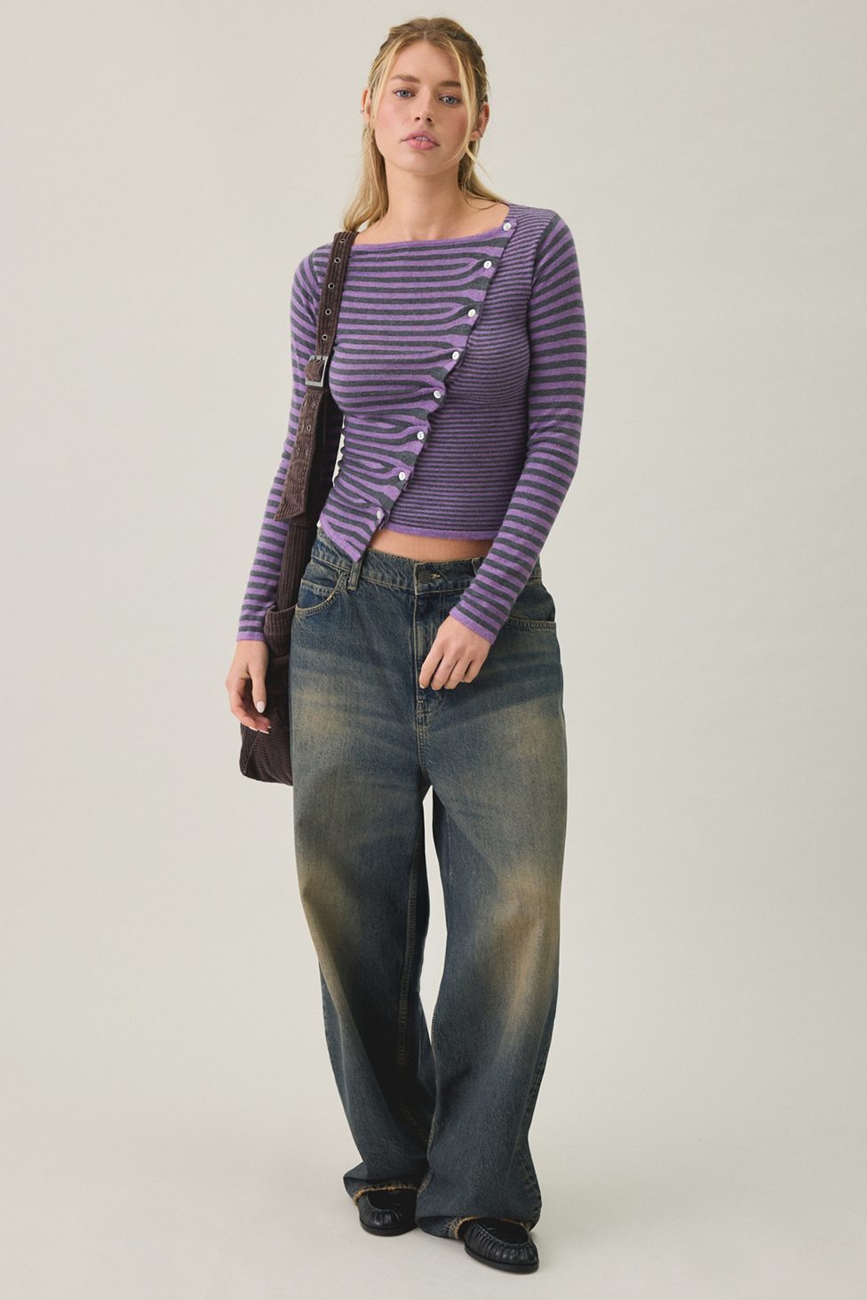 BDG Sutton Slanted Asymmetric Button Cardigan - Purple