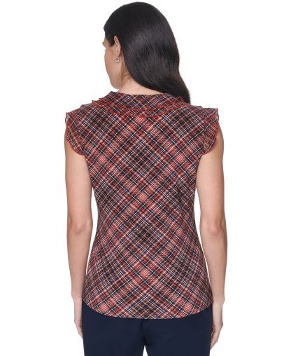 Tommy Hilfiger Women's V-Neck Plaid Ruffle Sleeveless Blouse - Paprika Multi