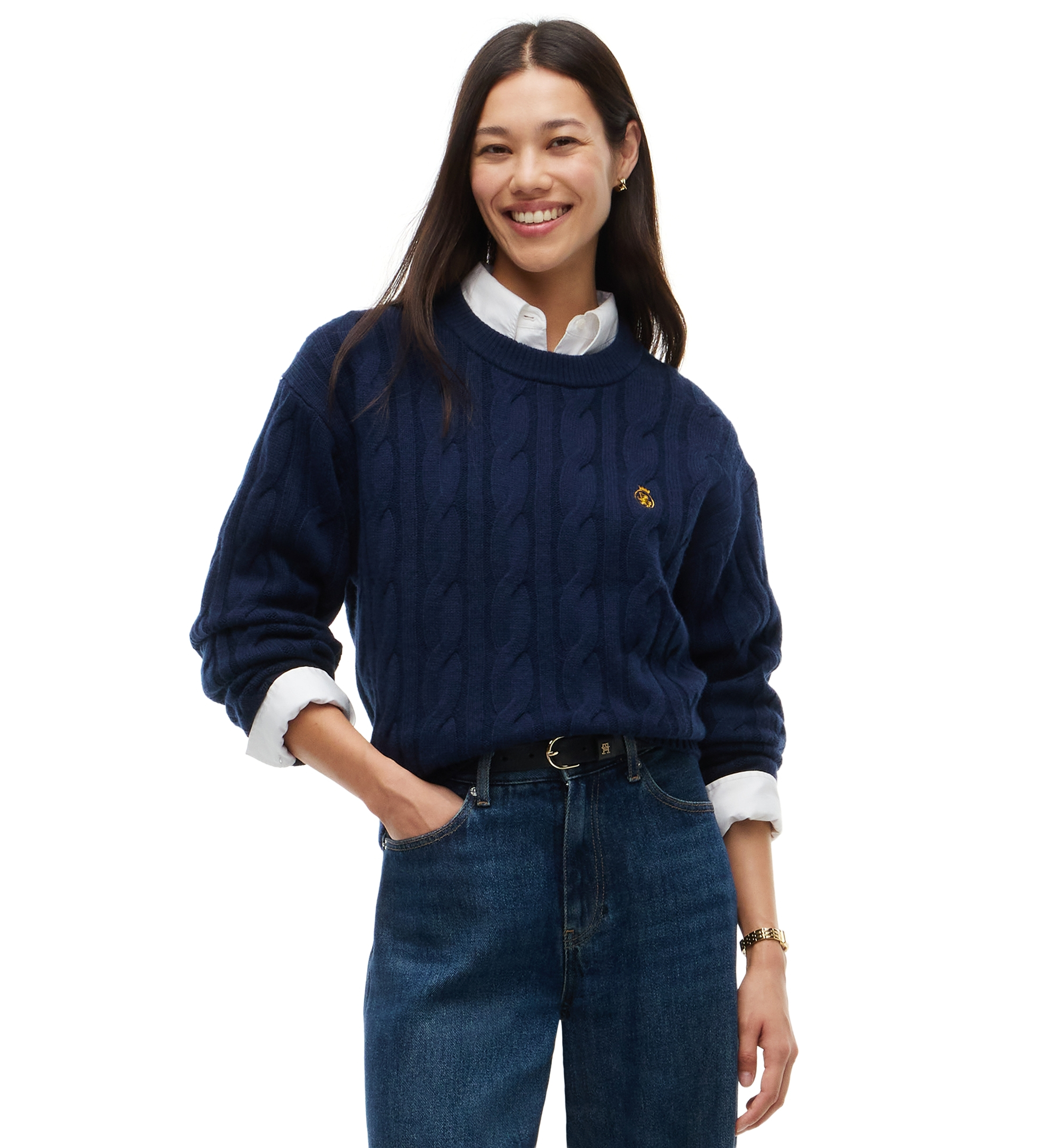 Tommy Hilfiger Women's American Icons 100% Wool Cable-Knit Crewneck Sweater, Macy's Exclusive - Dark Blue
