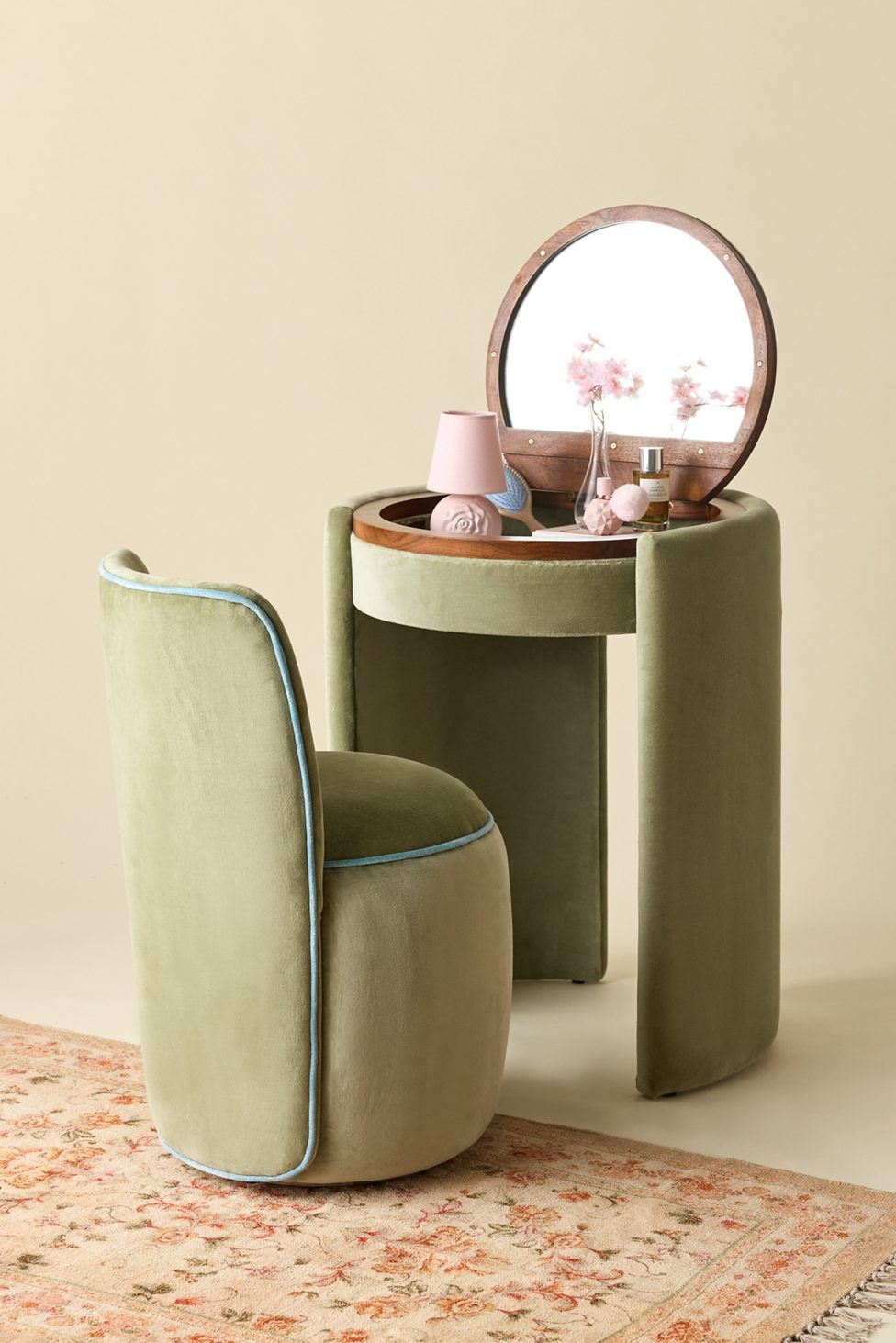 Jane Upholstered Vanity & Stool Set - Green