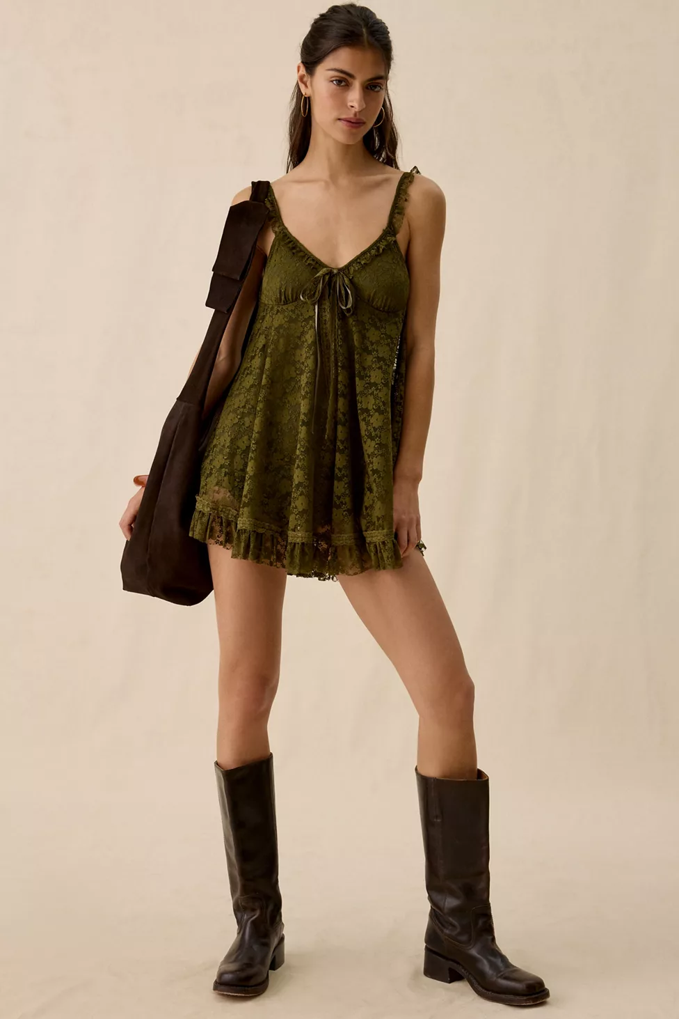 UO Primrose Lace Babydoll Romper - Olive