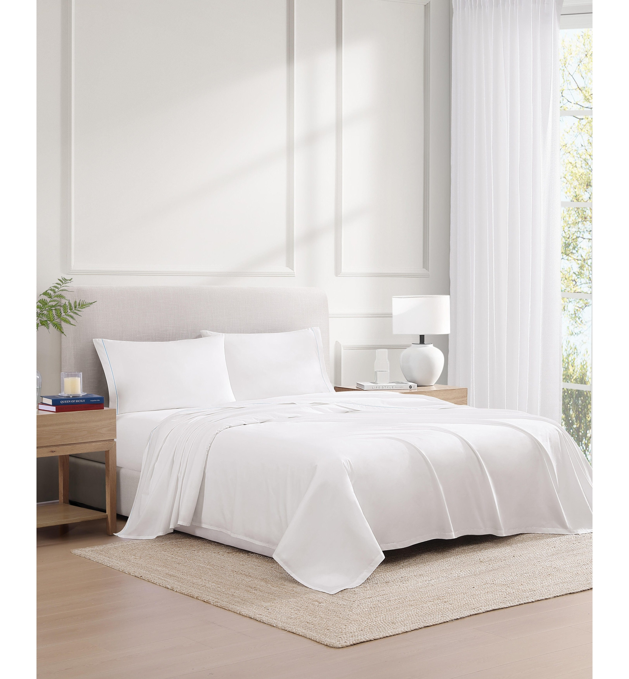 Tommy Hilfiger Solid 200-Thread Count Hem Stripe Cotton Percale Sheet Set - White/Boathouse Blue