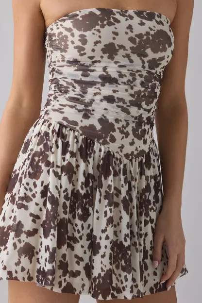 UO Modern Mesh Basque Waist Strapless Mini Dress - Cow Print
