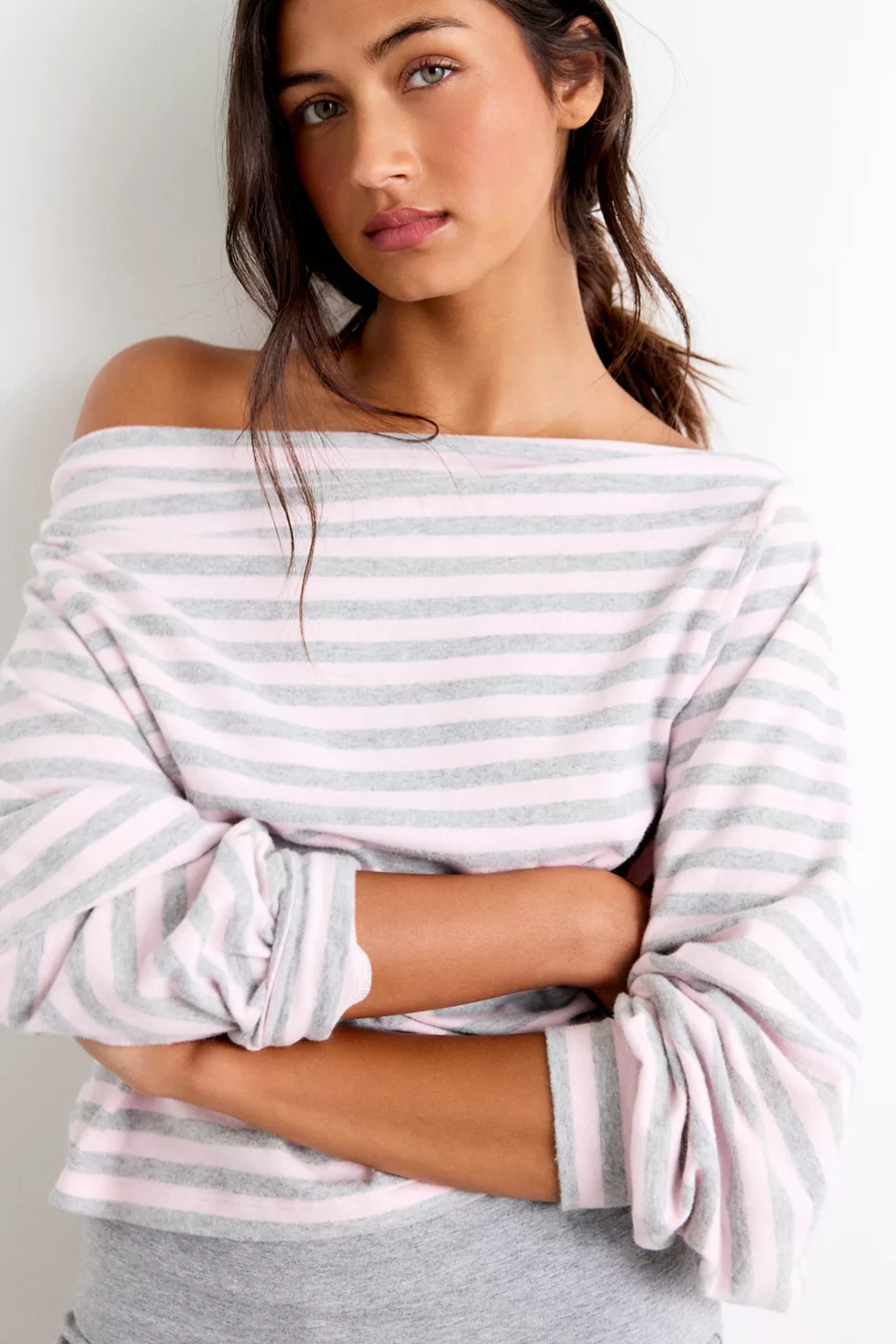 Out From Under All Nighter Striped Off-The-Shoulder Sweatshirt - Pink Stripe