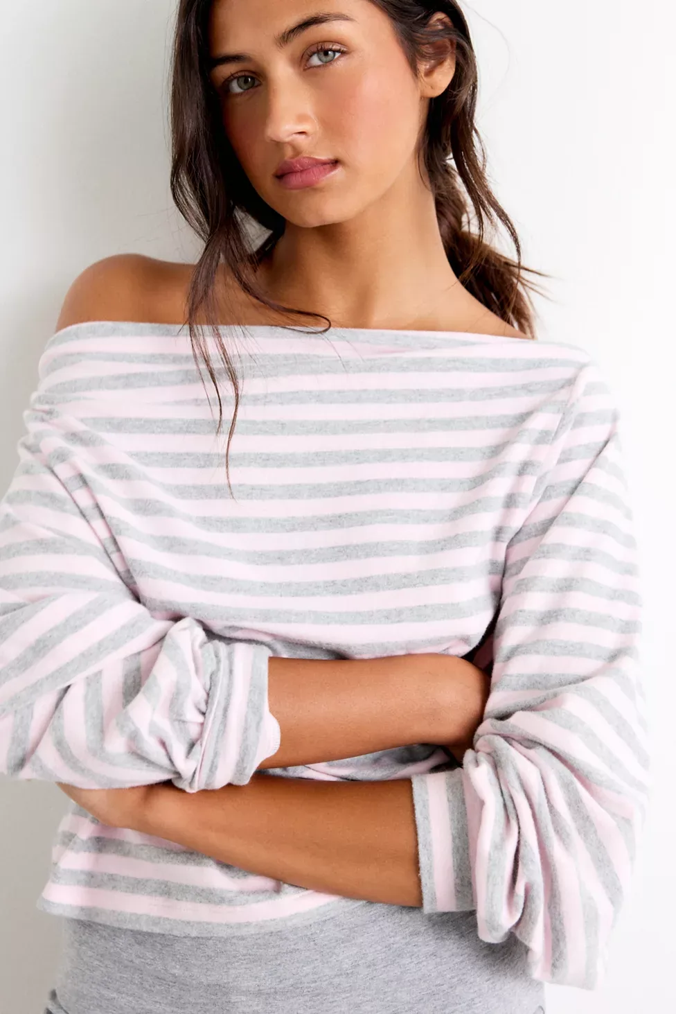 Out From Under All Nighter Striped Off-The-Shoulder Sweatshirt - Pink Stripe