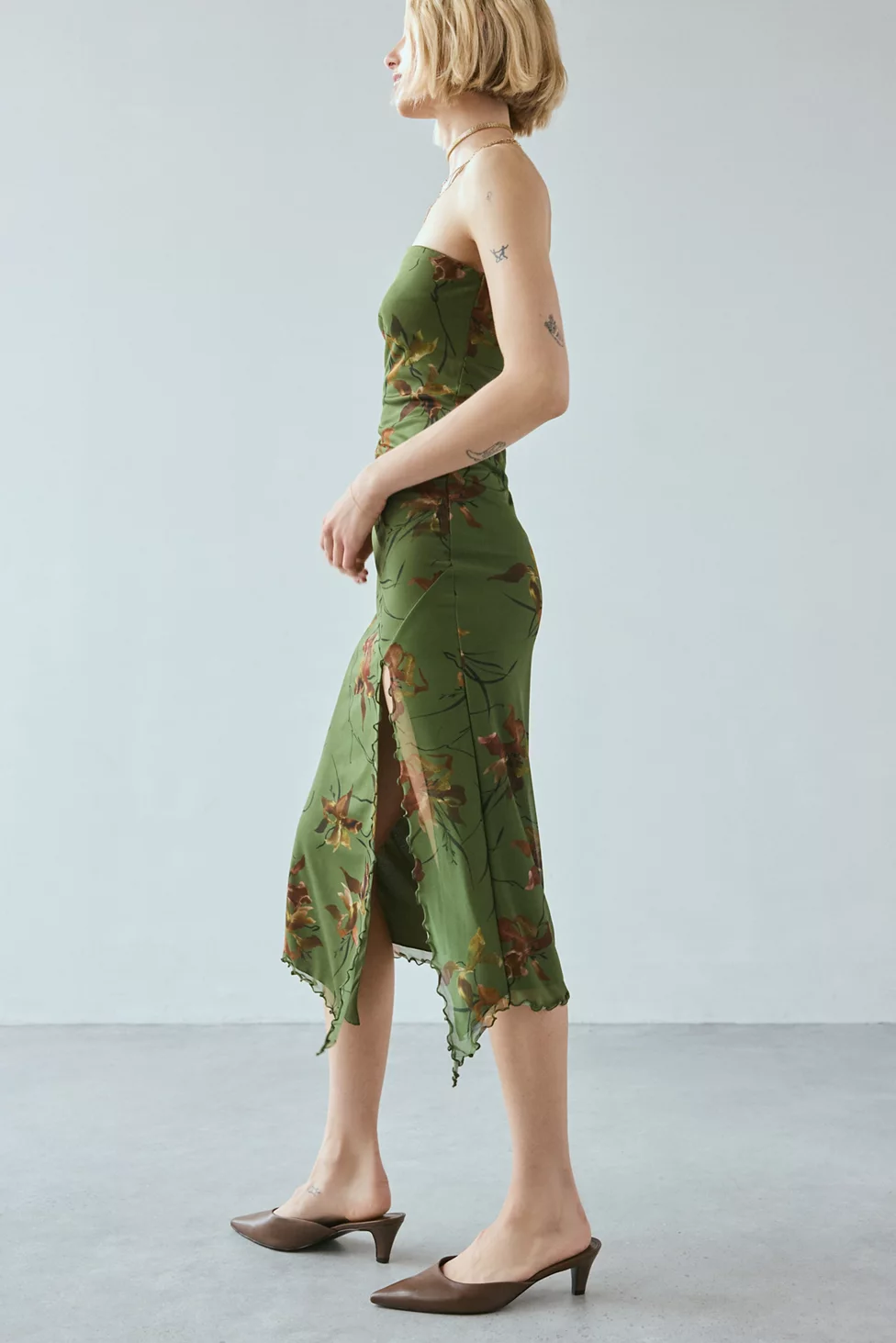 UO Samara Mesh Strapless Midi Dress - Floral Multi