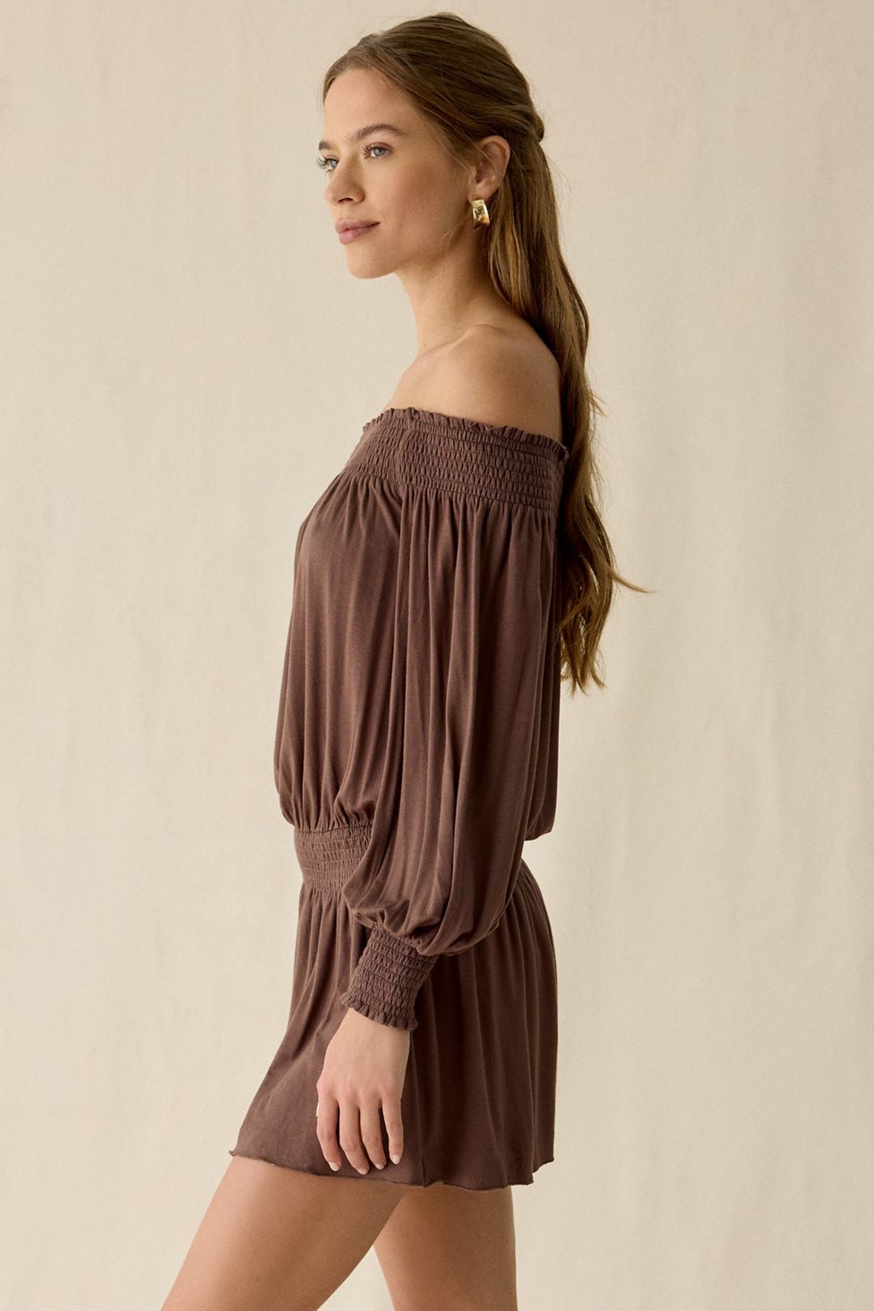 UO Night Shift Jersey Knit Off-The-Shoulder Long Sleeve Mini Dress - Brown