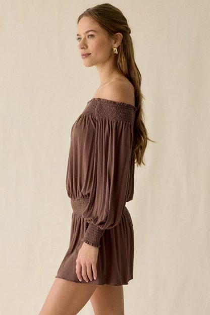 UO Night Shift Jersey Knit Off-The-Shoulder Long Sleeve Mini Dress - Brown