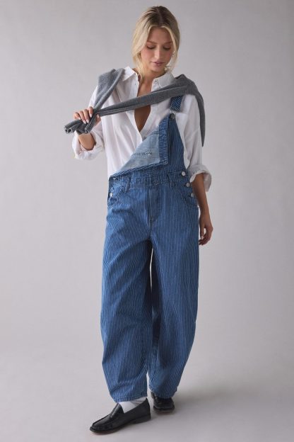 BDG Rih Pinstripe Extreme Barrel-Leg Overalls - Tinted Denim