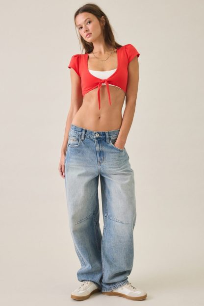 Out From Under Bec Game Day Short Sleeve Tie-Front Shrug Top - Red