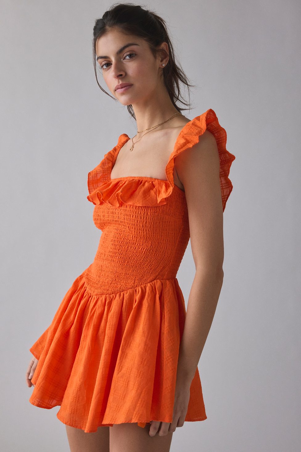 Kimchi Blue Clementine Smocked Ruffle Romper - Orange