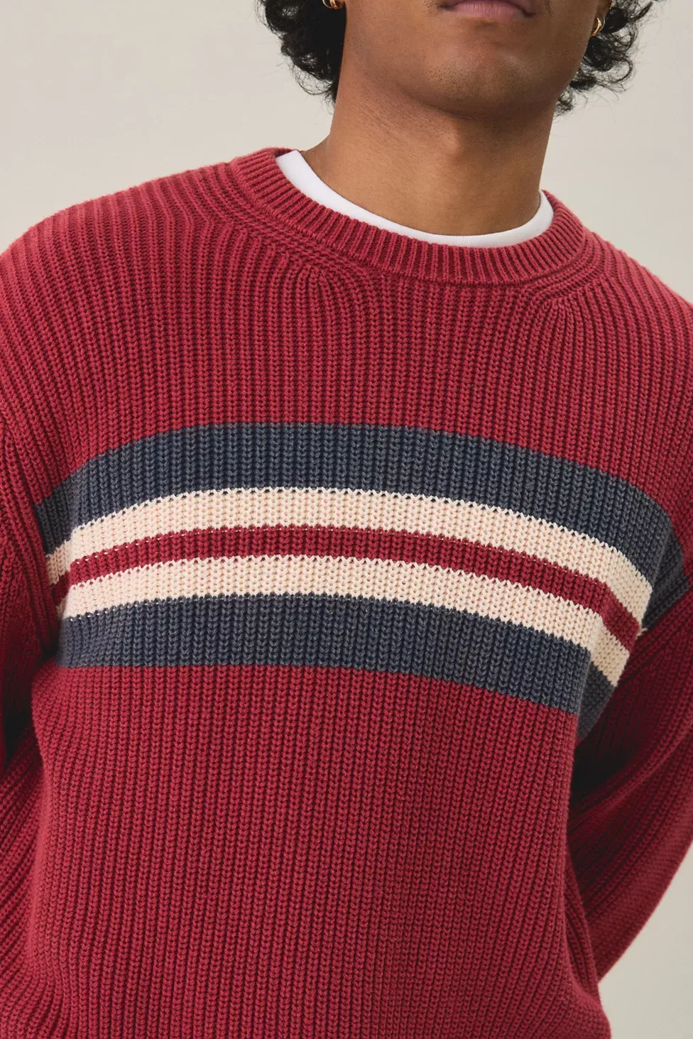 UO Striped Acid Wash Crew Neck Sweater - Red
