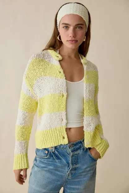 BDG Bridget Cotton Slub Knit Oversized Cardigan - Yellow Multi