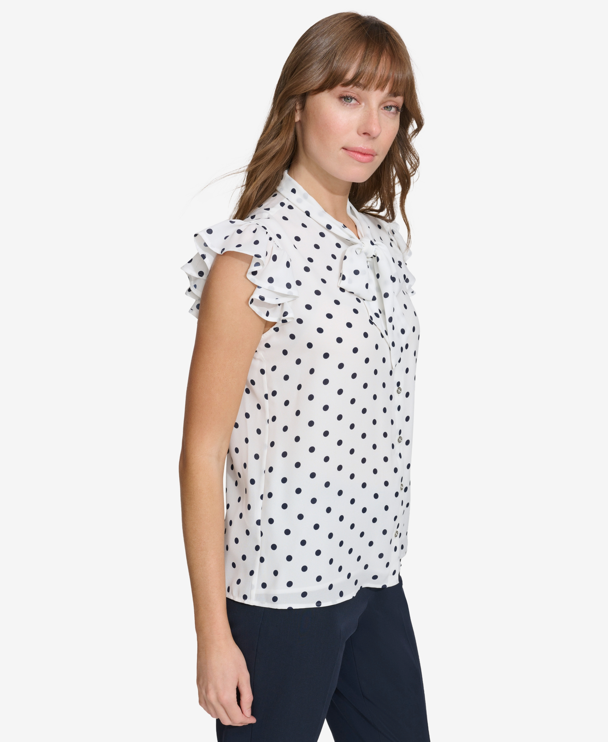 Tommy Hilfiger Women's Ruffle-Sleeve Bow Blouse - Ivory/Midnight
