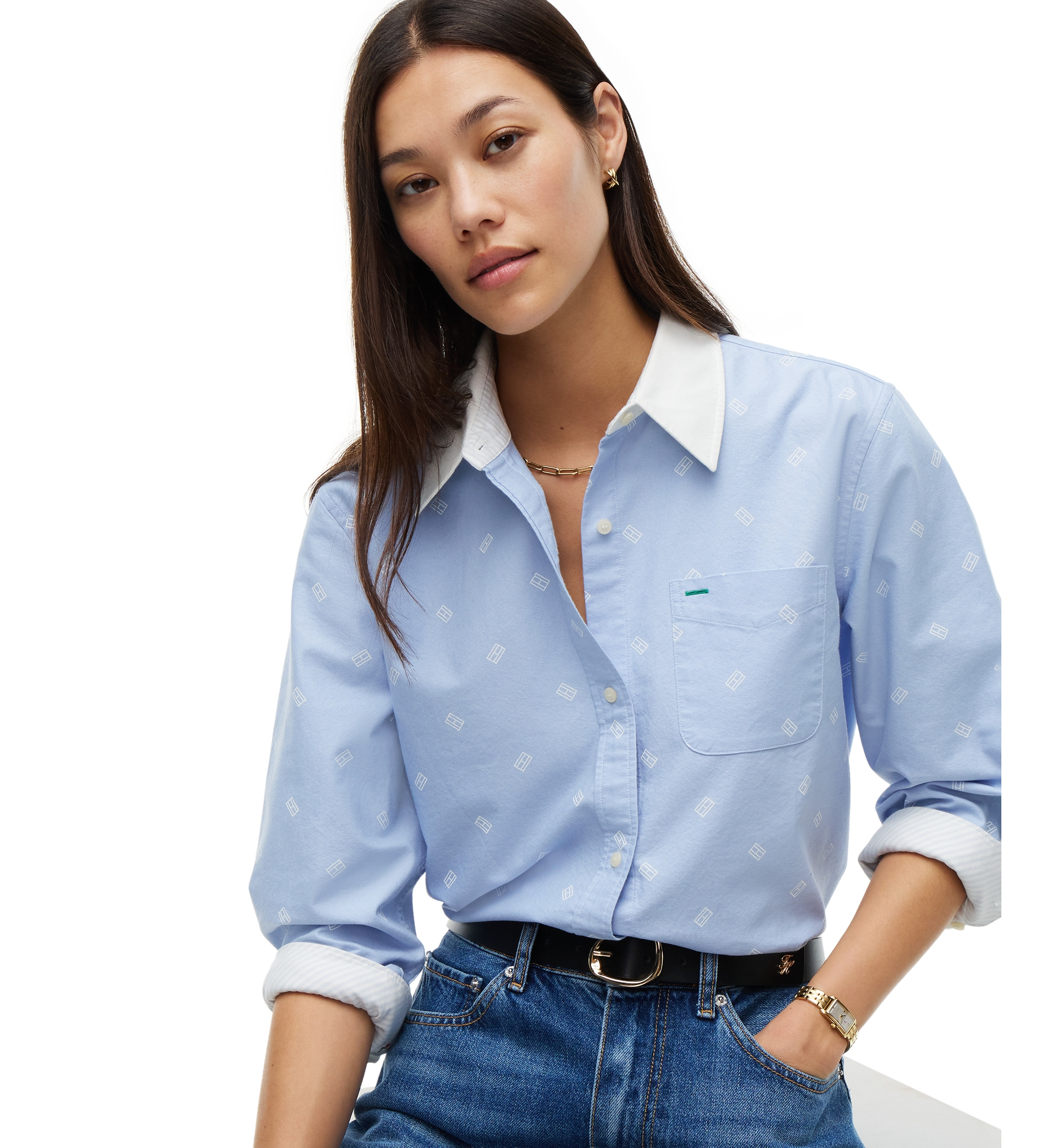 Tommy Hilfiger Women's American Icons Critter Long-Sleeve Oxford Shirt, Macy's Exclusive - Sky Blue Flag Critter