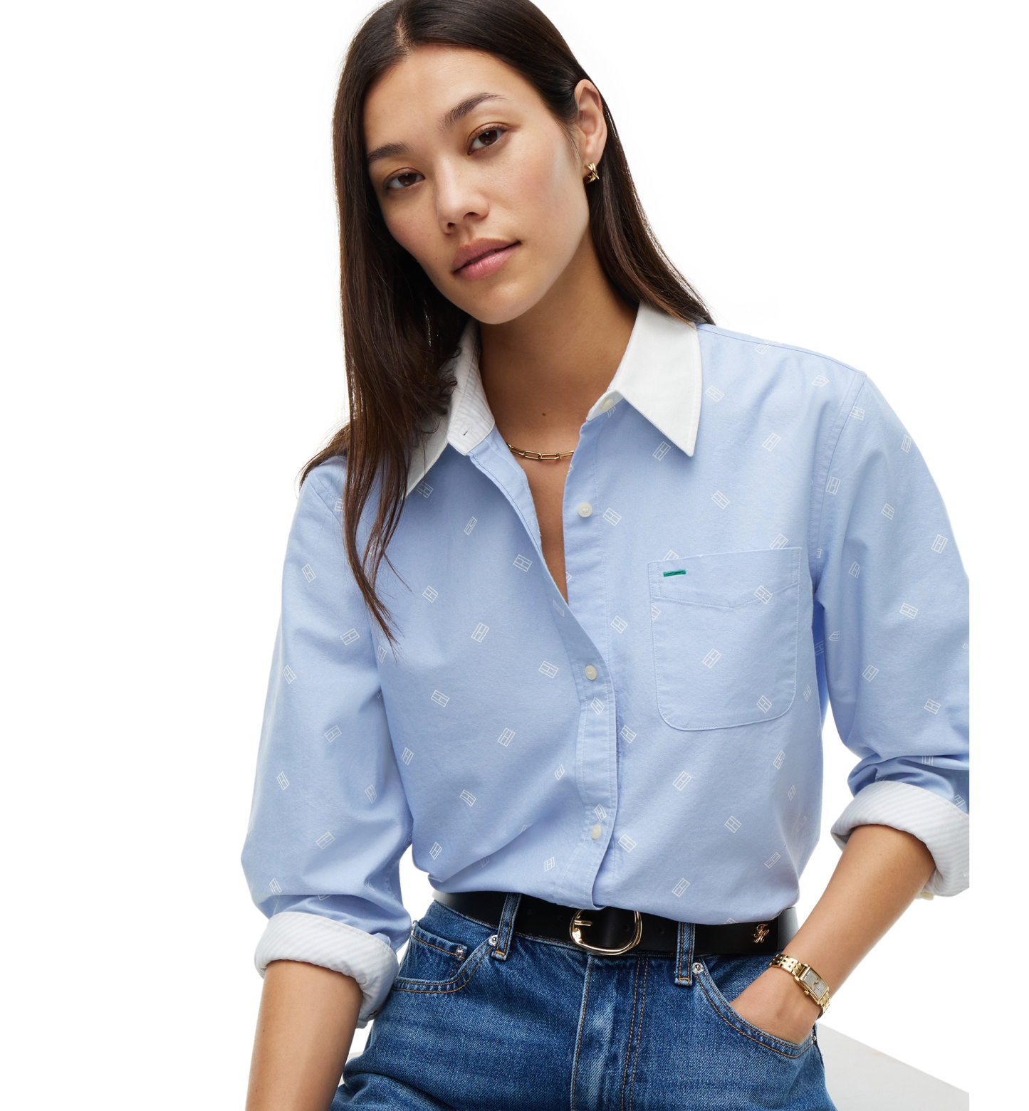 Tommy Hilfiger Women's American Icons Critter Long-Sleeve Oxford Shirt, Macy's Exclusive - Sky Blue Flag Critter