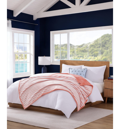 Tommy Hilfiger Laguna Beach Stripe Printed Plush Throw, 70" x 50" - White, Coral Pink