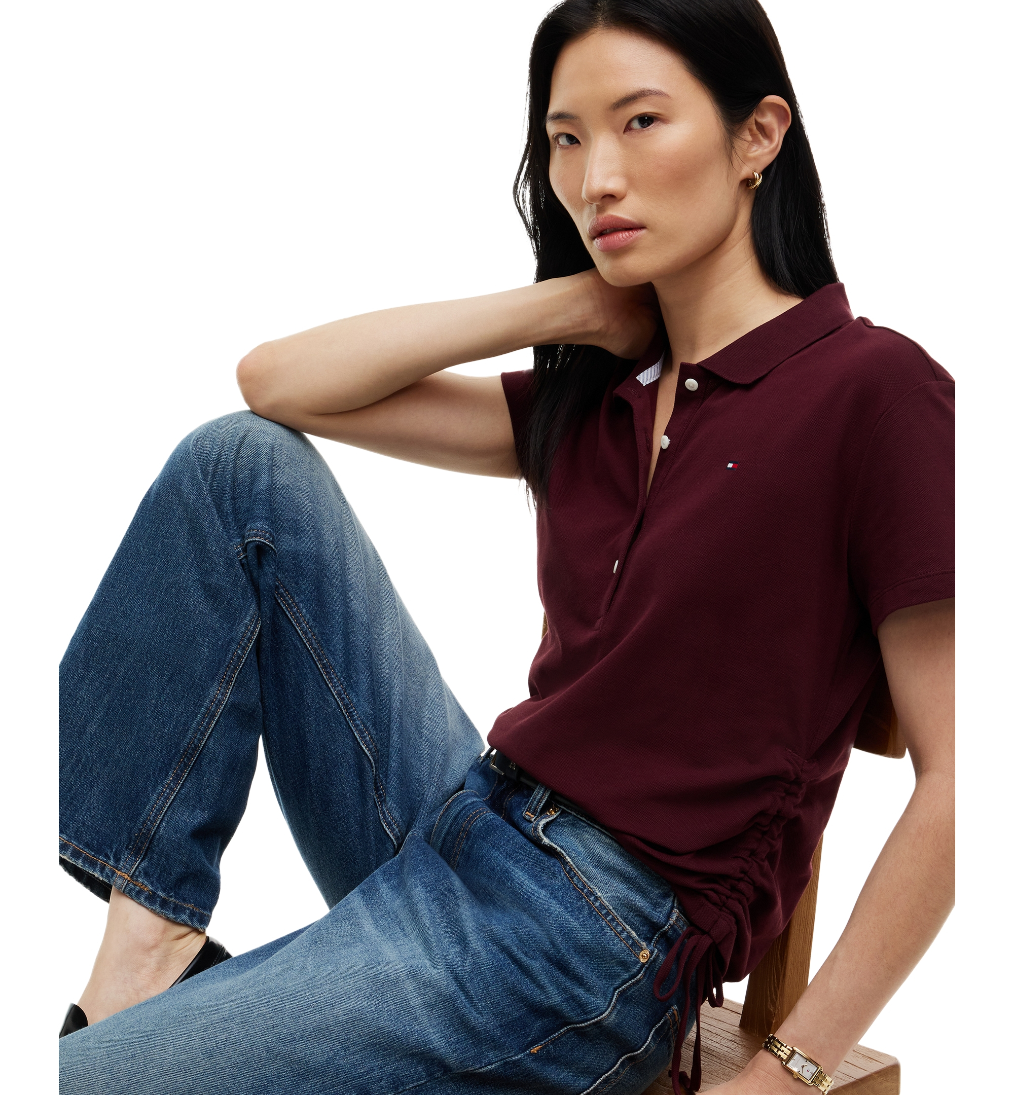 Tommy Hilfiger Women's Short-Sleeve Drawstring Polo Shirt - Deep Burgundy
