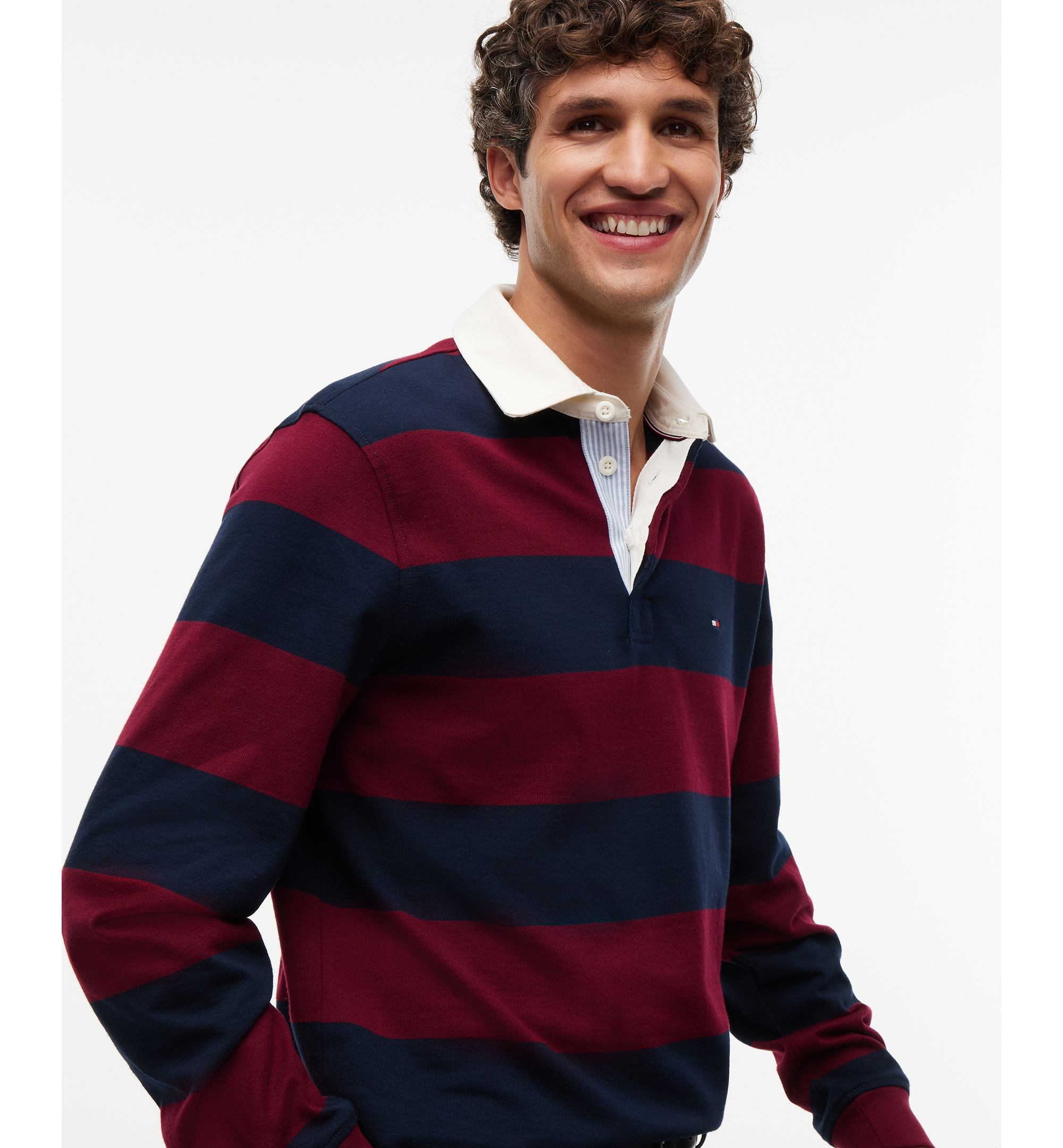 Tommy Hilfiger Men's Essential Stripe Rugby Long-Sleeve Polo Shirt - Burgundy/ Carbon Navy