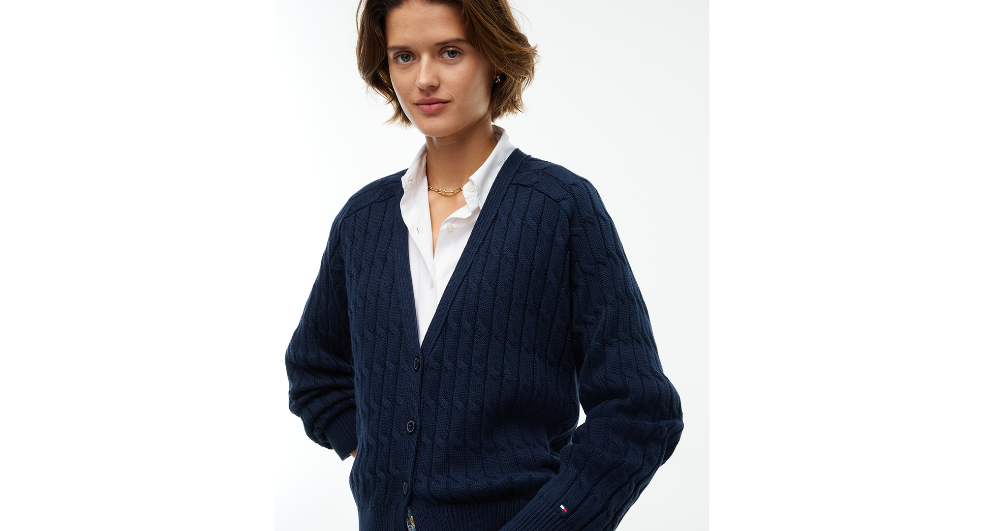 Tommy Hilfiger Women's Oversized Cable-Knit V-Neck Cardigan - Dark Blue