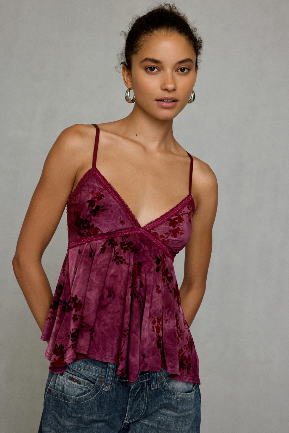 Kimchi Blue Celia Floral Burnout Lace Trim Babydoll Cami - Plum