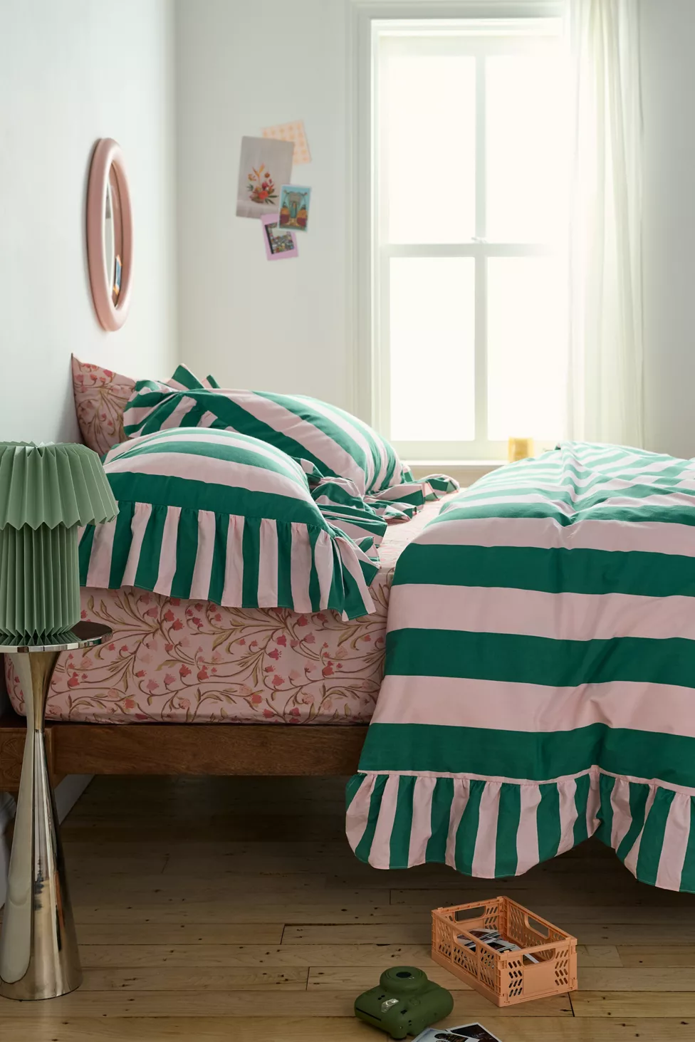 Elaine Ruffle Printed Cotton Percale Duvet Cover - Pink and Green Stripe