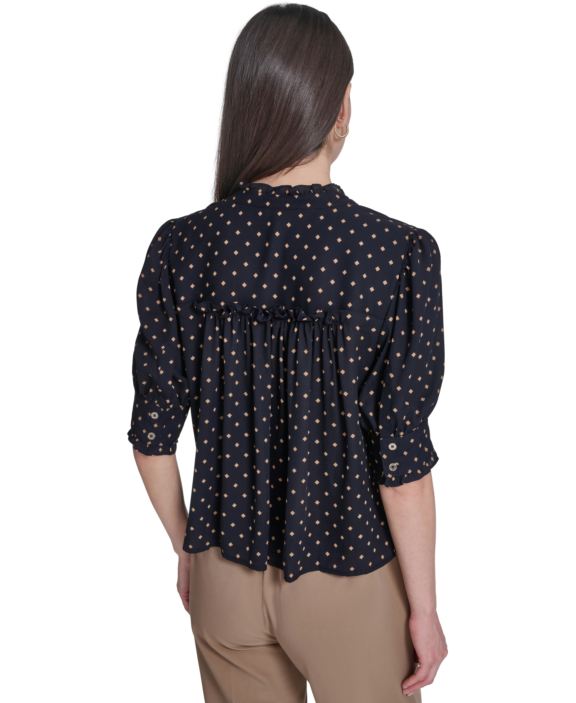 Tommy Hilfiger Women's Collared Ruffle Neck Blouse - Midnight/Tobacco Brown