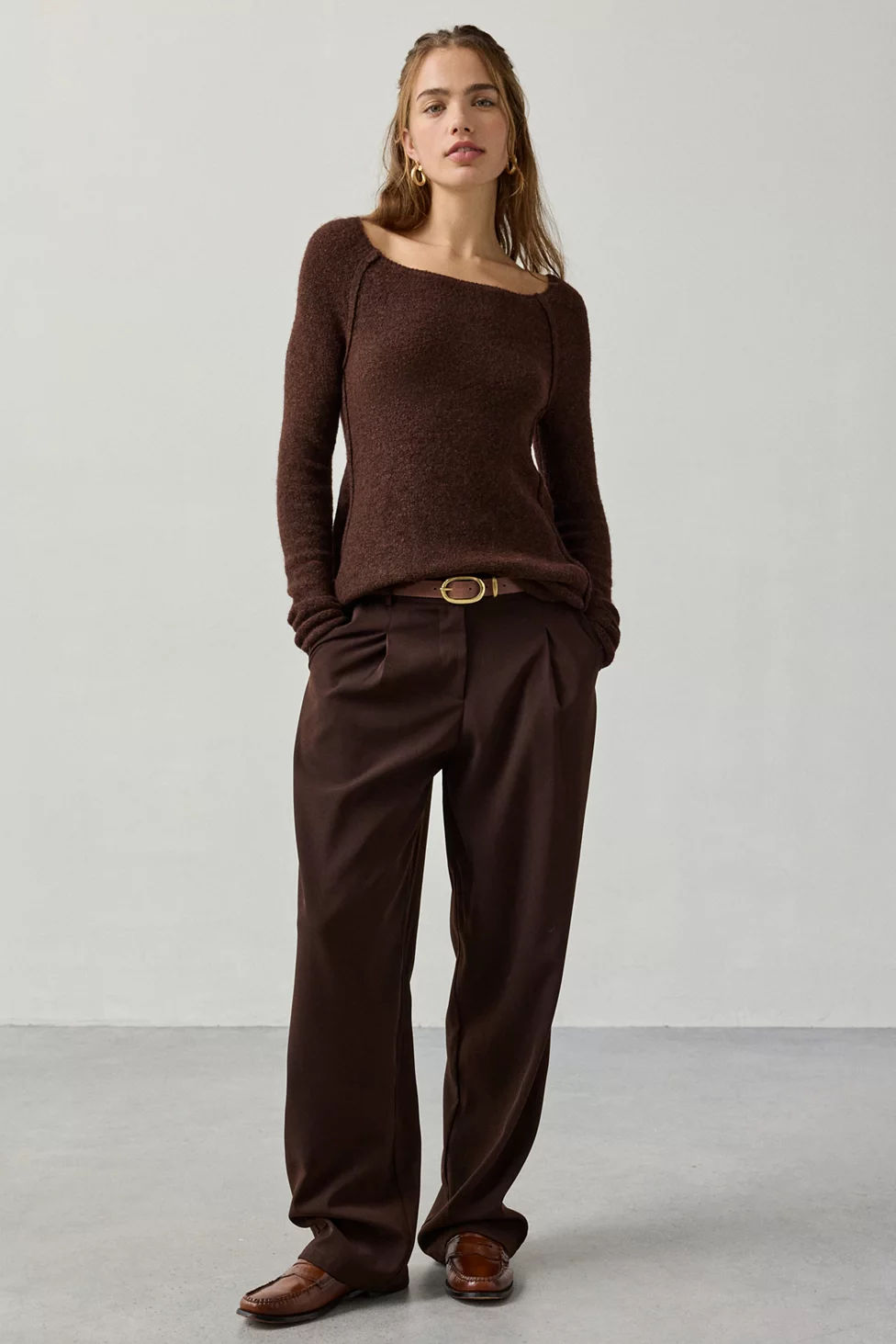 BDG Angel Boatneck Fit-And-Flare Tunic Sweater - Brown