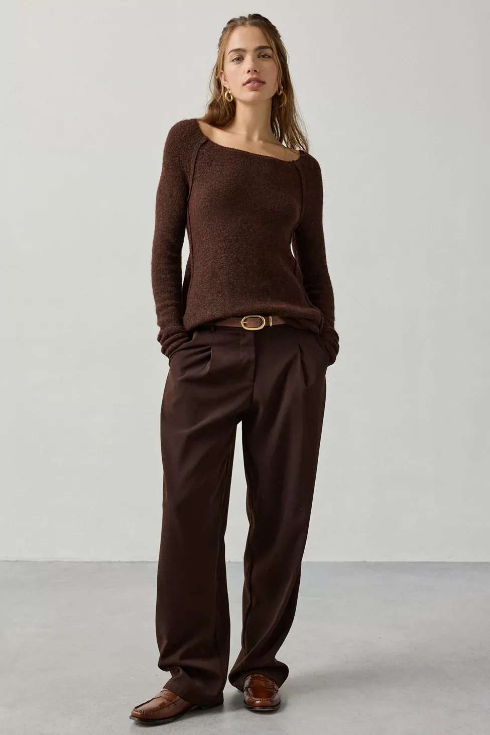 BDG Angel Boatneck Fit-And-Flare Tunic Sweater - Brown