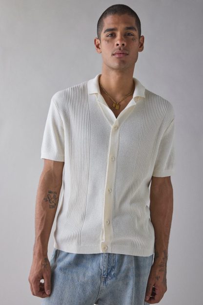 UO Catamaran Camp Collar Short Sleeve Sweater - Ivory