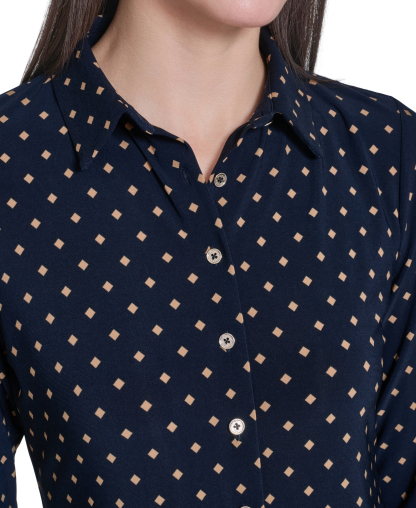 Tommy Hilfiger Women's Long-Sleeve Button Up Top - Midnight/Tobacco Brown