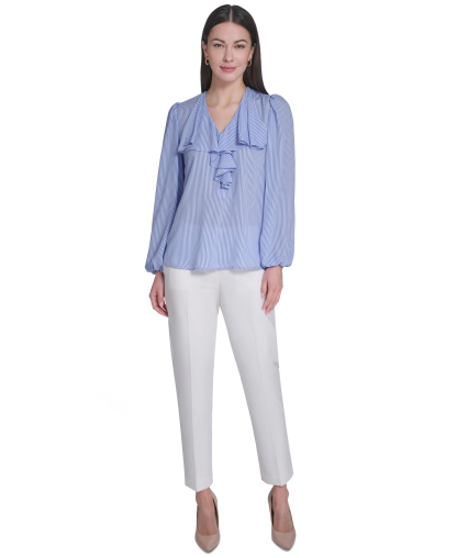 Tommy Hilfiger Women's V-Neck Striped Ruffle Blouse - French Blue/Ivory