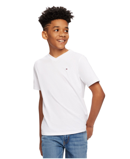 Tommy Hilfiger Boys' 2T-7 Solid Embroidered Logo V-Neck T-Shirt - White